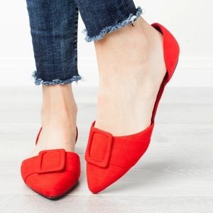 Bamboo Red Suede Pointed Toe Flats. Size 8